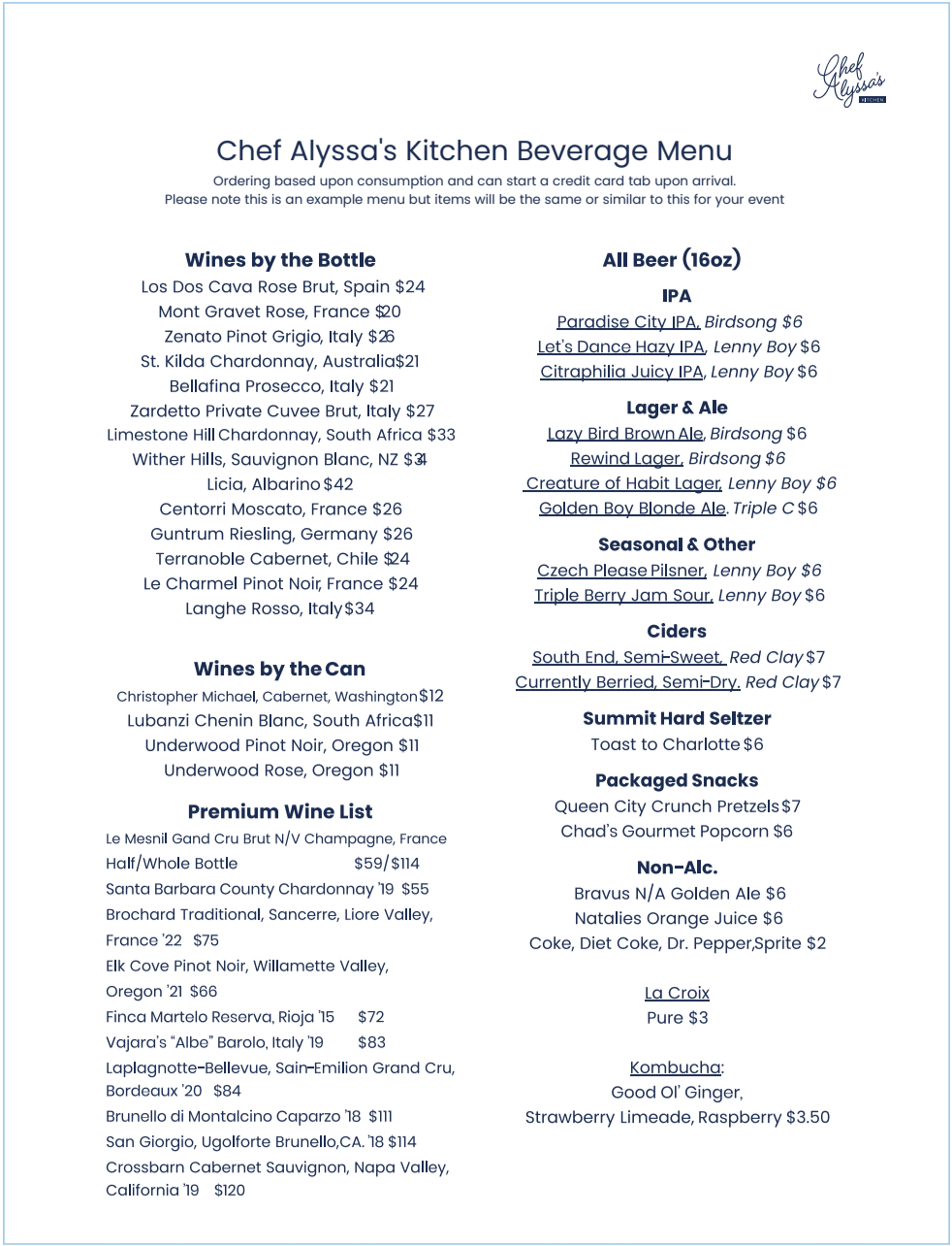 Sample beverage and snack menu offered